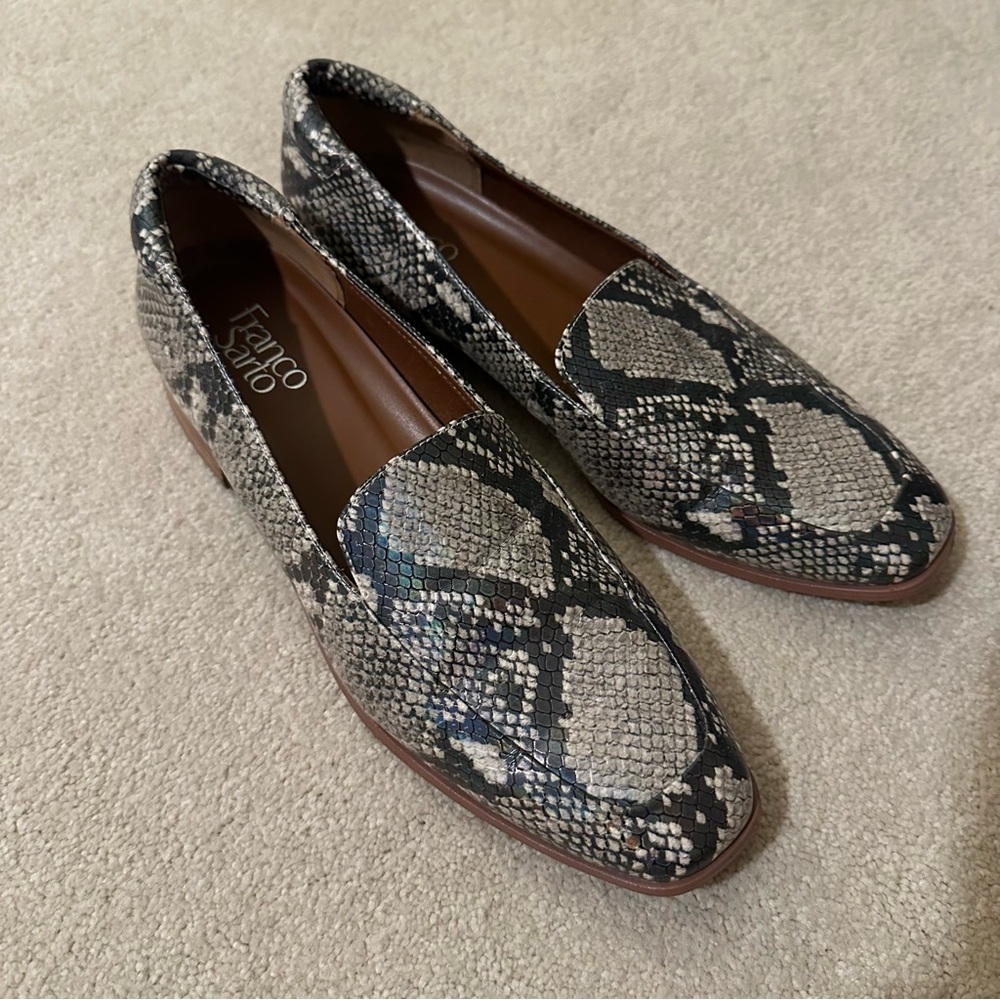 Franco Sarto Snake Print Loafers in Black and Cream
